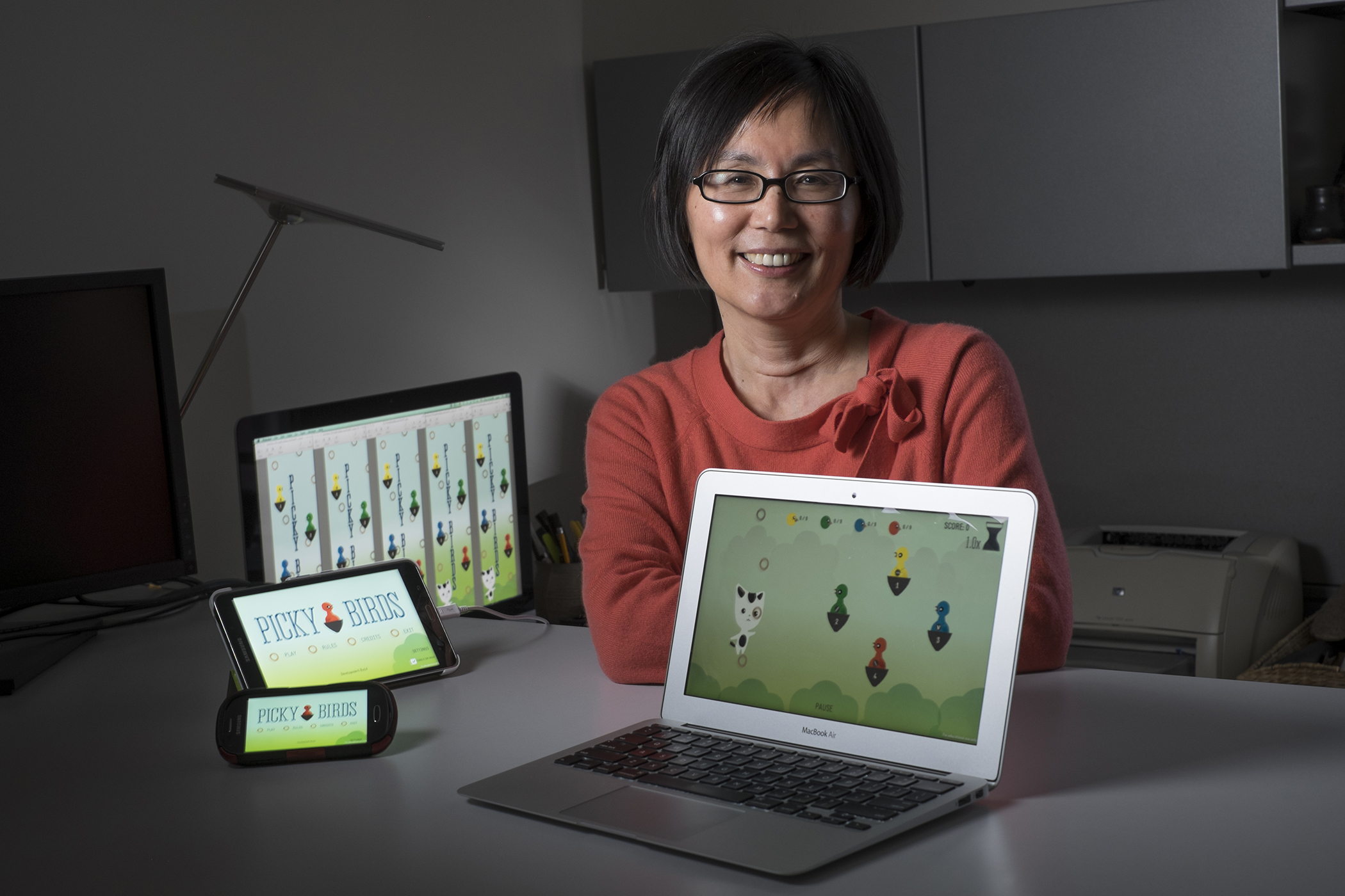 Catherine Ryu, associate professor of Japanese literature and culture, has received a patent for the technology behind her language learning game, Picky Birds. Photo by Kurt Stepnitz